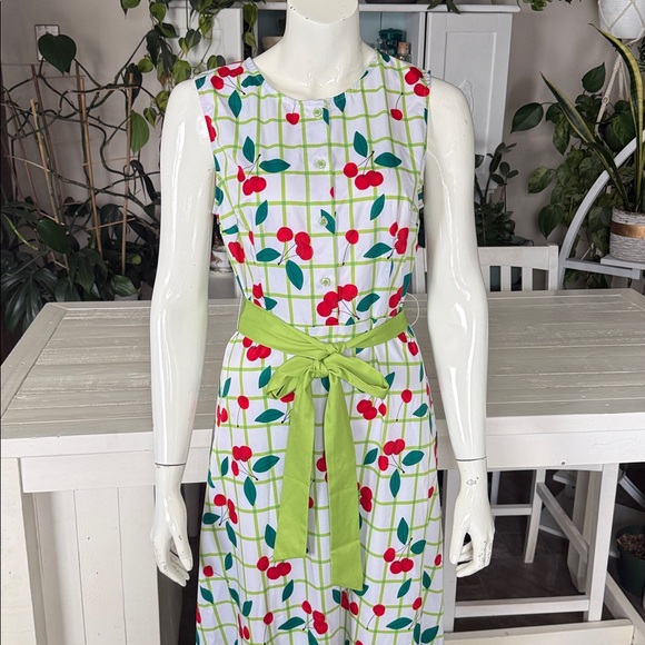 Sleeveless White Cherry Print Midi Dress Green Waistband NWOT XL 50/60s vibes - Picture 8 of 15